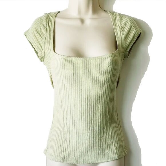 Reformation Bardot Square Neck Ribbed Knit Tencel Cap Sleeve Top M Limon Green - Picture 2 of 7